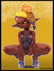 1girls areolae breasts doughchanga earrings feet female female_only frye_(splatoon) hair hair_ornament hands_on_thighs headwear heels high_heels legs_apart legs_spread neckwear nintendo nipples one-piece_swimsuit platform_heels pointy_ears smile solo solo_female splatoon splatoon_3 swimsuit swimwear thick_thighs thighs yellow_eyes yellow_hair