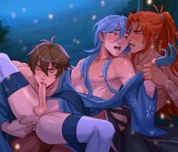 3boys blowjob blue_hair brown_hair cum cum_in_mouth dante_(nu:_carnival) dark-skinned_male edmond_(nu:_carnival) eiden_(nu:_carnival) femboy fingering gay half-dressed kimono light-skinned_male male/male/male male_only nu:_carnival pubic_hair red_hair sombre_slahc tanned tanned_male tanned_skin tattoo tattooed_arm tattoos thighhighs threesome yaoi