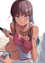 :3 big_breasts body_writing bra bra_strap cat_smile cleavage heart ishizaka_ryuudai marker original original_character partially_clothed schoolgirl strap_slip writing_on_body