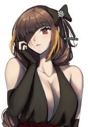 2022 absurdres bangs black_bow black_dress black_gloves bow braid breasts brown_eyes brown_hair dress elbow_gloves evening_gown eyepatch female girls'_frontline gloves hairbow highres large_breasts long_hair looking_at_viewer m16a1_(blazer_of_the_trail)_(girls'_frontline) m16a1_(girls'_frontline) mole mole_under_eye multicolored_hair official_alternate_costume orange_hair partially_fingerless_gloves scar scar_across_eye simple_background single_braid sleeveless sleeveless_dress solo streaked_hair tagme twitter_username upper_body white_background xanax025