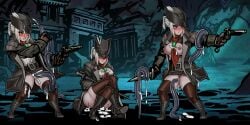 bloodborne blue_eyes breasts_out crossover cum dagger darkest_dungeon frown hat highwayman_(darkest_dungeon) lady_maria_of_the_astral_clocktower medium_breasts niur pistol sword tentacle white_hair