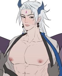 abs big_pecs blush disembodied_hands earrings embarrassed facial_mark horns league_of_legends long_hair long_hair_male male male_only muscular muscular_male open_shirt pale-skinned_male pale_skin pecs solo_focus spirit_blossom_series spirit_blossom_yone sweatdrop white_hair yone