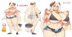 backboob big_breasts button_down_shirt character_sheet cleavage cow_bell gofa hanako_(debaucheryninja) horns huge_breasts jean_shorts multiple_views open_shirt overflowing_breasts red_eyes ripped_shorts short_shorts thick_thighs very_long_hair white_hair