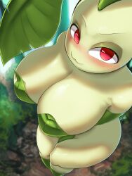 1girls :3 absurd_res anthrofied big_breasts blush chikorita faejunkie female female_only green_body huge_breasts leaves looking_at_viewer nintendo nude nude_female pokémon_(species) pokemon pokemorph red_eyes smiling smiling_at_viewer solo solo_female viewed_from_above