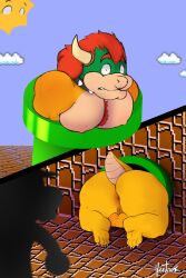 2boys absurd_res anthro anus ass balls bara big_ass big_butt border bowser claws collar duo gay genitals hi_res horn humanoid_genitalia humanoid_penis koopa male male_only mario mario_(series) nintendo penis pipes scalie speedrunner_mario spiked_collar spikes stuck super_mario_bros. super_mario_bros._(nes) surprise surprised_expression teeth terminalmontage through_wall toe_claws toe_curl video_games yentrix