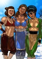 3girls abs aged_up arm_around_back arms_around_partner athletic_female auburn_hair avatar_the_last_airbender bangs beach big_breasts black_hair blue_eyes blush breasts brown_hair capri_pants choker choker_only clothing confident dark-skinned_female day earth_kingdom feet_out_of_frame female female_only fit_female friends front_view ganassa green_eyes grin group hair_bun hair_down hand_on_ass hand_on_hip head_tilt hip_to_hip human human_only katara landing_strip large_breasts lens_flare light-skinned_female lipstick long_hair looking_at_viewer medium_breasts multiple_girls muscular muscular_female nickelodeon pinup posing presenting_self short_hair smile standing straight_hair suki sun sunshine swimsuit tomboy toned_female toph_bei_fong topknot trimmed_pubic_hair trio tropical_setting tummy water water_tribe