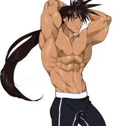 1boy armpits arms_up bicoldposkul blue_eyes brown_hair dark_hair hands_behind_head long_hair long_hair_male looking_at_viewer male male_focus male_only muscle muscle_tone muscles muscular muscular_male one-punch_man ponytail smile solo solo_focus solo_male spiky_hair suiryu tan_skin toned toned_male topless topless_male very_long_hair