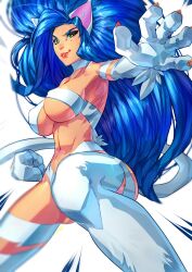 1girls 2021 absurd_res blue_hair breasts capcom cat_ears cat_tail catgirl darkstalkers felicia felicia_(darkstalkers) female female_only fighting_stance green_eyes long_hair looking_at_viewer medium_breasts pose red_lips smiling smiling_at_viewer solo tail white_background xdtopsu01