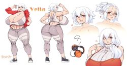 abs big_breasts character_sheet cleavage gofa huge_breasts jacket leggings multiple_views muscular muscular_female oc open_jacket original original_character red_eyes short_hair sports_bra thick_thighs vella_(debaucheryninja) white_hair