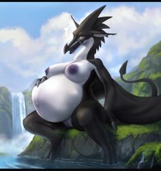 2022 absurd_res anthro bahnbahn_(artist) belly big_belly black_body breasts dragon female genitals glaive_wyvern hi_res hyper hyper_pregnancy membrane_(anatomy) membranous_wings nipples nude outside pregnant pregnant_female pussy rock scalie solo water white_body wings wyvern zera_stormfire