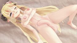 1futa 3d 3d_(artwork) after_masturbation after_orgasm areolae arm_under_breasts balls bed blonde_hair blush breasts cum cum_on_body cum_on_breasts cum_on_face cum_on_self eyes_rolling_back flaccid foreskin futa_only futanari hair_ornament hairclip hololive hololivekk horns koikatsu laying_down laying_on_bed lying lying_on_back lying_on_bed masturbation nipples nude one_eye_closed penile_masturbation penis pleasure_face purple_eyes smile solo solo_futa tsunomaki_watame virtual_youtuber