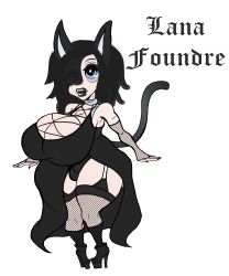 1futa animal_ears big_ass big_breasts big_lips black_dress black_hair black_lipstick blue_eyes breasts bulge cat_ears cat_tail catgirl cleavage clothed clothing collar fishnet_armwear fishnet_stockings fishnets futa_only futanari goth hair_over_one_eye high_heels huge_breasts humanoid kemonomimi light-skinned_futanari mostly_clothed shortstack small_penis solo source_request standing sultrybunny thick_thighs thighhighs wide_hips