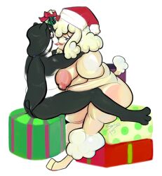 anthro ass big_butt breasts canid canine canis christmas christmas_clothing christmas_headwear christmas_present chubby_female clothing curled_hair domestic_dog female fluffy giant_panda gift hair hat headgear headwear holidays lagomorph leporid licking long_hair male male/female mammal mistletoe paws plant ponytail poodle poodlebun rabbit santa_hat soft tongue tongue_out undyingsong ursid