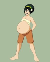 1girls avatar_the_last_airbender barefoot belly big_belly black_hair breasts cleavage clothing edit female large_breasts outie outie_navel pregnant red_wolfen toph_bei_fong