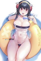 1girls big_breasts black_hair breasts cleavage eye_contact female female_only gris_swimsuit hairband hotvr ice_cream light-skinned_female light_skin long_hair looking_at_viewer popsicle red_eyes revealing_clothes see-through solo solo_female spy_x_family swimsuit thick_thighs thighs water wide_hips yor_briar yor_forger