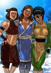 3girls abs aged_up arm_around_back arms_around_partner athletic_female auburn_hair avatar_the_last_airbender bangs beach big_breasts black_hair blue_eyes blush breasts brown_hair capri_pants choker choker_only clothing confident dark-skinned_female day earth_kingdom erect_nipples erect_nipples_under_clothes feet_out_of_frame female female_only fit_female friends front_view ganassa green_eyes grin group hair_bun hair_down hand_on_ass hand_on_hip head_tilt hip_to_hip human human_only katara landing_strip large_breasts lens_flare light-skinned_female lipstick long_hair looking_at_viewer medium_breasts multiple_girls muscular muscular_female nickelodeon perky_breasts pinup posing presenting_self short_hair smile standing straight_hair suki sun sunshine tomboy toned_female toph_bei_fong topknot trimmed_pubic_hair trio tropical_setting tummy water water_tribe