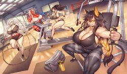 2d 4girls abs animal_ears big_breasts black_hair black_shorts black_tank_top braided_hair braided_ponytail brown_hair bursting_breasts cleavage dark_hair female_only ferris_(raiosmanis) glowing_eyes glowing_yellow_eyes gofa gym gym_uniform huge_breasts human humanoid kagura_(raiosmanis) light-skinned_female light_skin long_hair multiple_girls muscular muscular_female muscular_shoulders muscular_thighs nipple_bulge no_sex non-nude non-sexual oni_horns only_female original ponytail red-skinned_female red_skin running short_jeans short_shorts skipping_rope soda_can sports_bra sports_shorts sports_uniform sweat sweating sweaty tank_top tight_pants white_hair white_tank_top working_out workout wristband yoga_pants