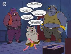 anthro bebop belly clothed clothing cocoronut dialogue english_text erection erection_under_clothing fupa group group_sex hi_res imminent_sex male male/male male_only mammal master_splinter mature_male murid murine musclegut navel pecs rat rhinocerotoid rocksteady rodent sex shirt suggestive_dialogue suid suina sus_(pig) tank_top teenage_mutant_ninja_turtles text threesome topwear trio undressing wild_boar