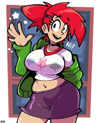 1girls big_breasts black_eyes cartoon_network crop_top female female_focus female_only foster's_home_for_imaginary_friends frankie_foster hoodie huge_breasts legendofnerd looking_at_viewer no_bra red_hair skirt smiling solo thick_thighs thighs thunder_thighs voluptuous wide_hips