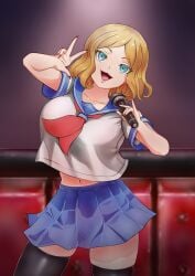 absurdres arm_up blonde_hair blue_eyes blue_skirt ct-08 female highres karaoke navel neckerchief original red_neckerchief school_uniform shirt skirt uniform white_shirt