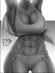 1girls abs big_breasts breasts coffeeslice female female_only large_breasts monochrome muscles muscular muscular_female solo sweat