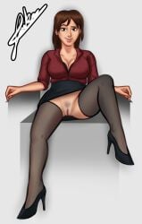 1girls debbie_(summertime_saga) exposed_pussy heels high_heels joakadraws legwear office_lady pussy sitting skirt solo_female stockings summertime_saga