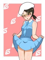 1girls bare_arms bare_legs bare_shoulders bare_thighs beret black_hair blush boruto:_naruto_next_generations clothed clothing dress dress_lift female female_focus female_only fully_clothed glasses hat headwear legs light-skinned_female light_skin narrowed_eyes naruto naruto_(series) naughty_face one_eye_closed open_mouth pale-skinned_female pale_skin petite pinup ponytail pose posing sarada_uchiha short_ponytail shounen_jump sleeveless sleeveless_dress solo solo_female solo_focus standing tease teasing thighs tied_hair tongue tongue_out wink yasei_namahamu