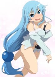 1girls alcohol aqua_(konosuba) aqua_eyes aqua_hair barefoot blue_eyes blush cleavage drooling female kono_subarashii_sekai_ni_shukufuku_wo! ponytail salpin solo very_long_hair