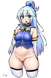 1girls aqua_(konosuba) aqua_eyes aqua_hair blush bottomless breasts cameltoe female kono_subarashii_sekai_ni_shukufuku_wo! open_mouth pasties shigekikkusu solo thighhighs