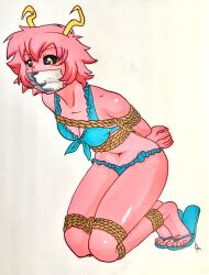 1girls bikini bondage duct_tape_gag female female_only kneeling mina_ashido my_hero_academia navel oz-suka pink_body pink_hair pink_skin rope_bondage sandals solo solo_female solo_focus tagme white_background