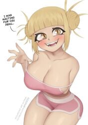 1girls amadeen big_breasts blonde_hair bloomers breasts double_bun english_text eye_contact female gym_shorts himiko_toga light_skin looking_at_viewer my_hero_academia shorts smile solo solo_female standing text thick_thighs thighs white_background yellow_eyes