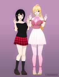 2girls 3d 3d_(artwork) aimi_(roshutsu) aimi_arakawa barebottom_games black_hair black_legwear black_shirt blonde_female blonde_hair blue_eyes boots breasts cleavage_cutout earrings female_only heel_boots heels legwear long_hair miniskirt off_shoulder one_eye_closed peace_sign pink_legwear pink_topwear plaid_skirt ponytail purple_eyes rika_(roshutsu) rika_suto roshutsu_(game) short_hair skirt topwear white_skirt wink