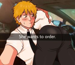 1boy ass ass_focus blonde_hair blush business_casual caption chainsaw_man denji_(chainsaw_man) female he_wants_to_order makima_(chainsaw_man) meme pervert photo_background red_eyes red_hair side_view smile tie tight_pants