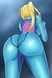 1girls ass ass_focus blonde_hair bodysuit female from_behind gun huge_ass legs metroid missittell ponytail samus_aran solo zero_suit zero_suit_samus