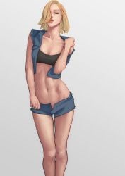 android_18 athletic athletic_female blonde_hair cuncyun dragon_ball dragon_ball_z female female_only light-skinned_female navel undressing