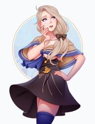 1girls black_skirt blonde_hair blue_eyes bow breasts capelet cleavage commentary female female female_only fire_emblem fire_emblem:_three_houses garreg_mach_monastery_uniform gold_trim hair_ornament hairbow hand_on_hip hand_on_own_cheek hand_on_own_face higher_resolution_duplicate highres large_breasts long_hair looking_to_the_side mercedes_von_martritz nail_polish nintendo no_bra no_shirt simple_background skirt thighhighs thighs tsuaii wind wind_lift