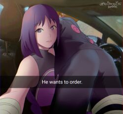 1boy 1girls blonde_hair blue_eyes blunt_bangs boruto:_naruto_next_generations breasts car carrying carrying_partner english_text female he_wants_to_order hime_cut human indoors kakei_sumire male male/female meme mikumikulenlen naruto naruto_(series) presenting presenting_ass purple_eyes purple_hair selfie text uzumaki_boruto vehicle