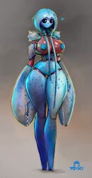 1girls anthro big_arms big_hands black_eyes blue_body blue_lobster blush blushing breasts claws cute cute_face female female_only female_solo lobster lobster_girl meme monster monster_girl multicolored_body only_female psyk323 solo_female standing thick_thighs watermark