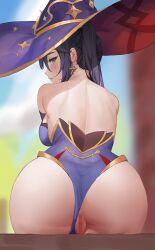 ass back black_hair blue_leotard blush breasts censored clothing_aside earrings female from_behind genshin_impact green_eyes hat highres jewelry large_breasts leaning_forward leotard leotard_aside long_hair looking_back mona_(genshin_impact) mosaic_censoring parted_lips purple_headwear pussy senba_(592683801) sideboob sitting solo sweatdrop twintails witch_hat