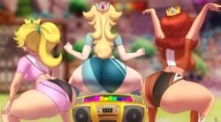 3girls ass ass_focus ass_shake big_ass big_butt blonde_hair bouncing_ass bouncing_butt bubble_butt butt clothing crown dat_ass fat_ass female female_only gold_boombox_(prevence) huge_ass huge_butt large_ass light-skinned_female light_skin mario_(series) mario_strikers n-kosi n-kosi_(coloring) nintendo orange_hair pawg princess_daisy princess_peach princess_rosalina rear_view royalty shaking shaking_ass shaking_butt shirt shorts sports_uniform sportswear squatting thick_ass thick_thighs twerk_hypnosis twerking wide_hips