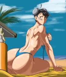 1girls ass beach big_ass bikini black_hair breasts brown_eyes bubble_butt chun-li dat_ass double_bun fat_ass female female_only huge_ass looking_at_viewer looking_back octavius_dp solo street_fighter sweat thick_thighs topless wide_hips