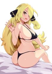 1girls 2022 ass bikini black_bikini blonde_hair breasts clothing cynthia_(pokemon) female female_only gold_eyes hair_ornament hair_over_one_eye huge_breasts large_ass legs_together light-skinned_female light_skin long_hair looking_at_viewer nintendo open_mouth pokemon pokemon_dppt smile tottotonero wide_hips