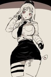 akitaka_takaaki blonde_hair body_writing girls'_frontline greyscale heart large_breasts milf military_uniform mp40_(girls'_frontline) necktie pencil_skirt short_hair short_skirt tally_marks wide_hips