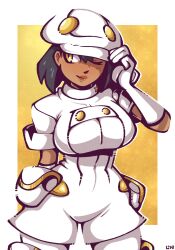 adjusting_hat aether_foundation_employee aether_foundation_employee_(female) big_breasts black_hair game_freak gloves hat legendofnerd looking_away nintendo pokemon pokemon_ss short_hair small_waist tan_skin the tight_clothing uniform wide_hips wink yellow_eyes