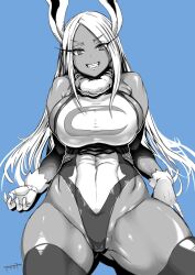 1girls amamiya_(abaros) armwear big_breasts black_and_white breasts bunny_ears clothing female female_only hair huge_breasts leggings legwear leotard long_hair miruko monochrome my_hero_academia rumi_usagiyama smile solo solo_female superheroine thick_thighs thighs white_hair