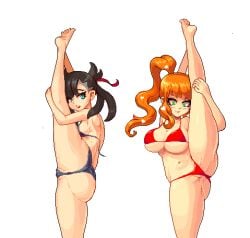 2girls ass ass_visible_through_thighs big_ass big_breasts black_bra black_hair black_panties blush bottomwear bra breasts feet female female_only game_freak green_eyes hair holding_leg huge_breasts leg_up marnie_(pokemon) medium_breasts noscium one_leg_up orange_hair panties pokemon pokemon_ss ponytail red_bra red_panties sonia_(pokemon) splits thick_thighs thighs topwear vertical_splits white_background