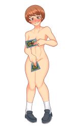 1girls blush breasts completely_nude covering embarrassed embarrassed_nude_female enf female looking_at_viewer naked naked_footwear naked_shoes nude nude_female orangemint_4444 persona persona_4 satonaka_chie shoes uc-four