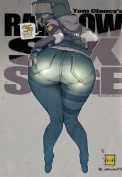 1girls ass ass_focus ass_grab bent_over big_ass blonde_hair blue_eyes butt denim dialogue female female_only from_behind helmet hip_focus holding huge_ass iq_(rainbow_six) jeans leaning_forward looking_at_viewer looking_back namaniku_atk pants pantylines rainbow_six rainbow_six_siege rear_view skin_tight solo standing thick_thighs tight_clothing tight_jeans tight_pants tom_clancy