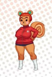 :< animal_crossing anthro big_breasts breasts clothed clothing female female_focus female_only fur furry furry_only hazel_(animal_crossing) large_breasts nintendo rizdraws sisterly_villager solo source_request squirrel standing tail thighs year_request