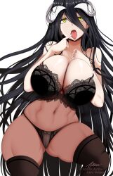 1girls 2022 albedo_(overlord) astraea_(atelierastraea) black_bra black_hair black_panties bra breasts demon demon_girl demon_horns female female_only hips huge_breasts light-skinned_female light_skin long_hair naughty_face overlord_(maruyama) panties slim_waist succubus suggestive_look thick_thighs thighs tongue tongue_out wide_hips yellow_eyes